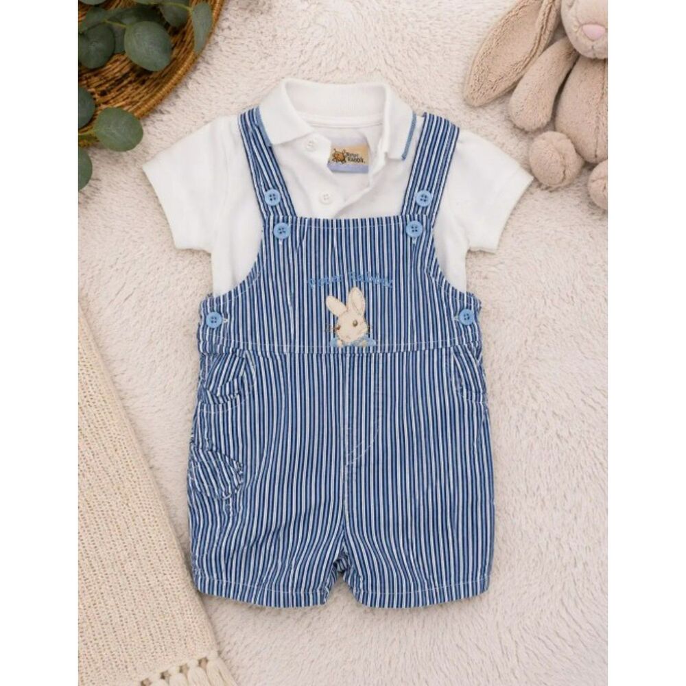 Vintage Peter Rabbit Baby Shortall Romper Set 3-6 Months Blue Striped